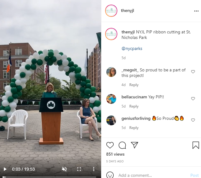 NYJL President Dayna Barlow Cassidy introduces the ribbon cutting at St. Nicholas Park, which was broadcast on Instagram live. 
