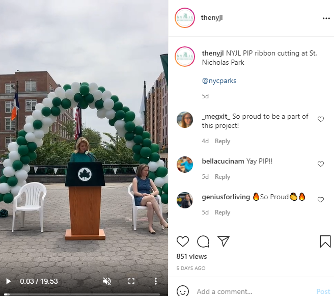 NYJL President Dayna Barlow Cassidy introduces the ribbon cutting at St. Nicholas Park, which was broadcast on Instagram live.