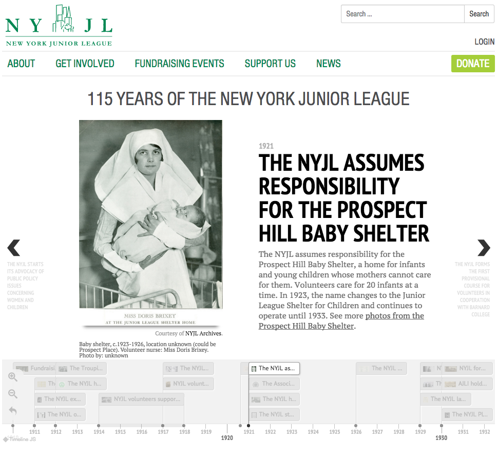 NYJL's interactive timeline, highlighting 115 years of volunteer service in New York City